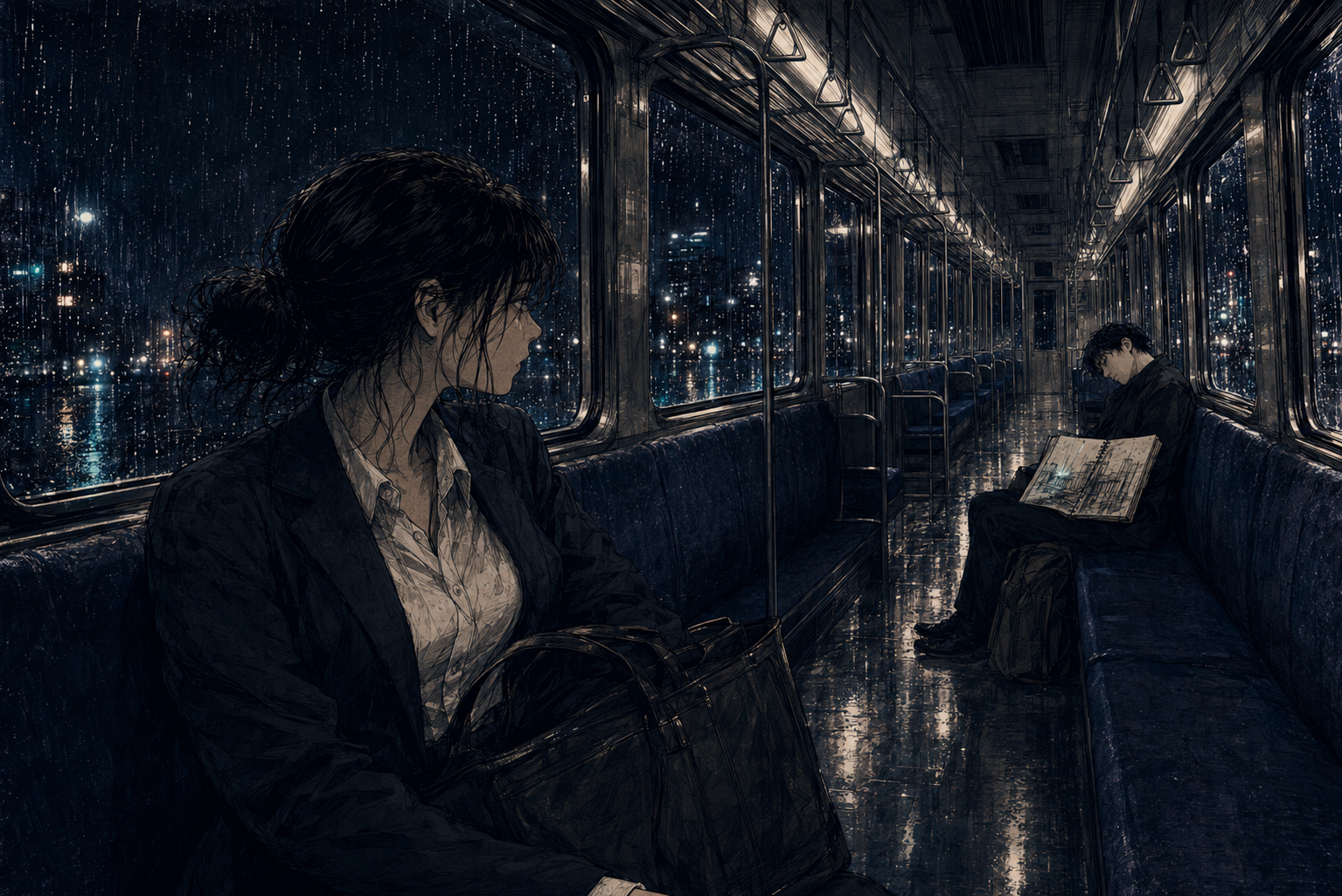 雨の夜、ほぼ無人の最終電車。凪の向かいで、スケッチブックを抱えた青年が眠っている。