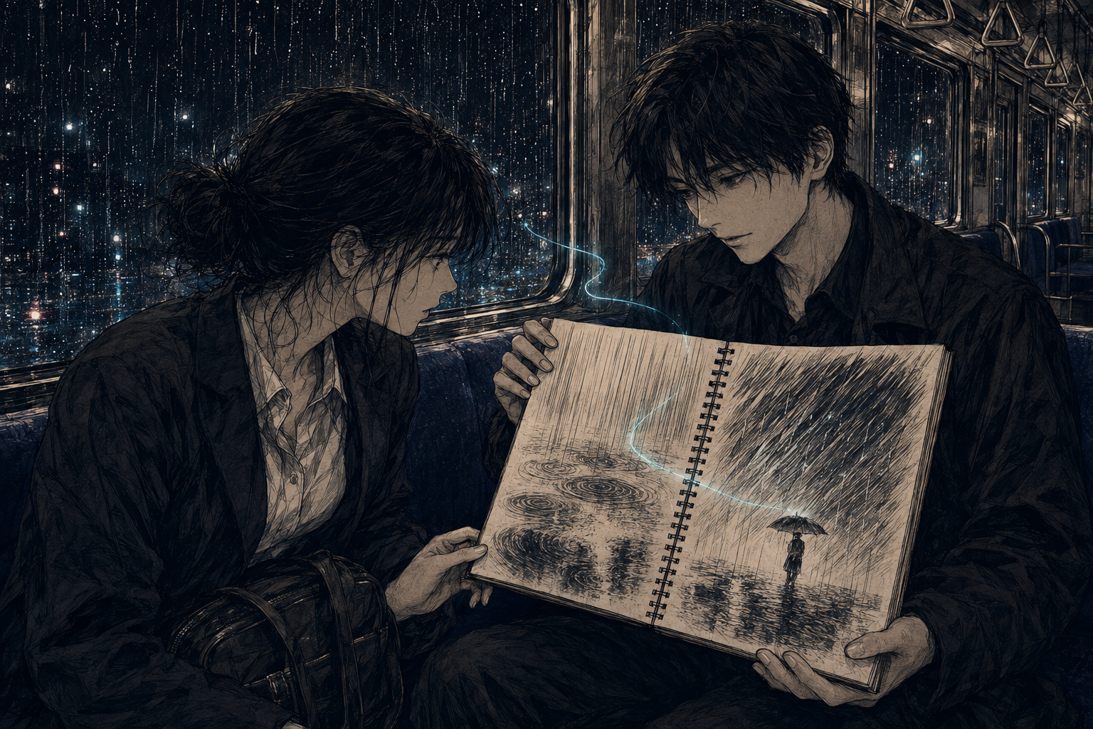 青年が、さまざまな雨の線で埋め尽くされたスケッチブックを凪に見せる。