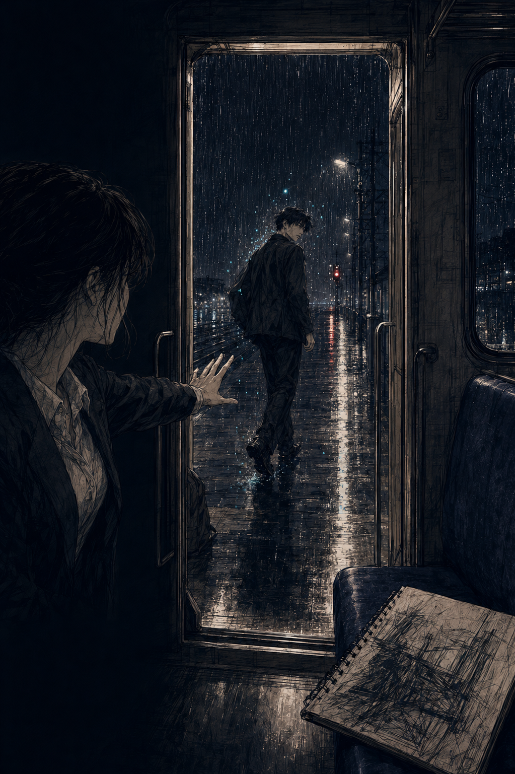 扉の向こうの雨へ、青年がスケッチブックを残して歩いていく。